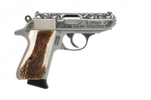 Walther PPK/S Lipsey's Edition 380 ACP, 3.3" Barrel, Engraved Stainless Steel, American Elk Stag Grip, 7rd - Collector Guns | The Gun Shop