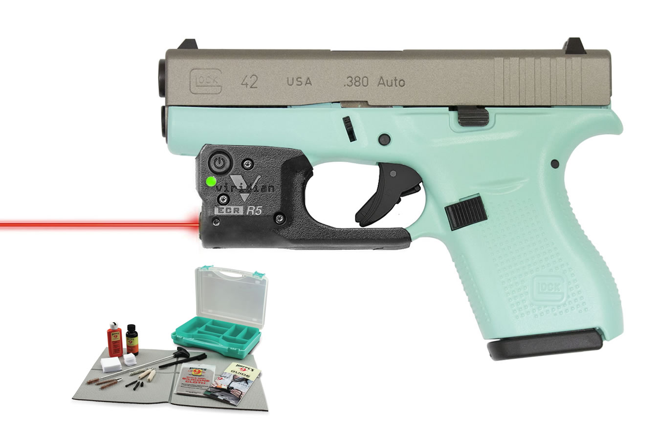 42 .380 Auto Eggshell Blue with Pistol Cleaning Kit and Viridian Laser 42 .380 Auto Eggshell Blue with Pistol Cleaning Kit and Viridian Laser