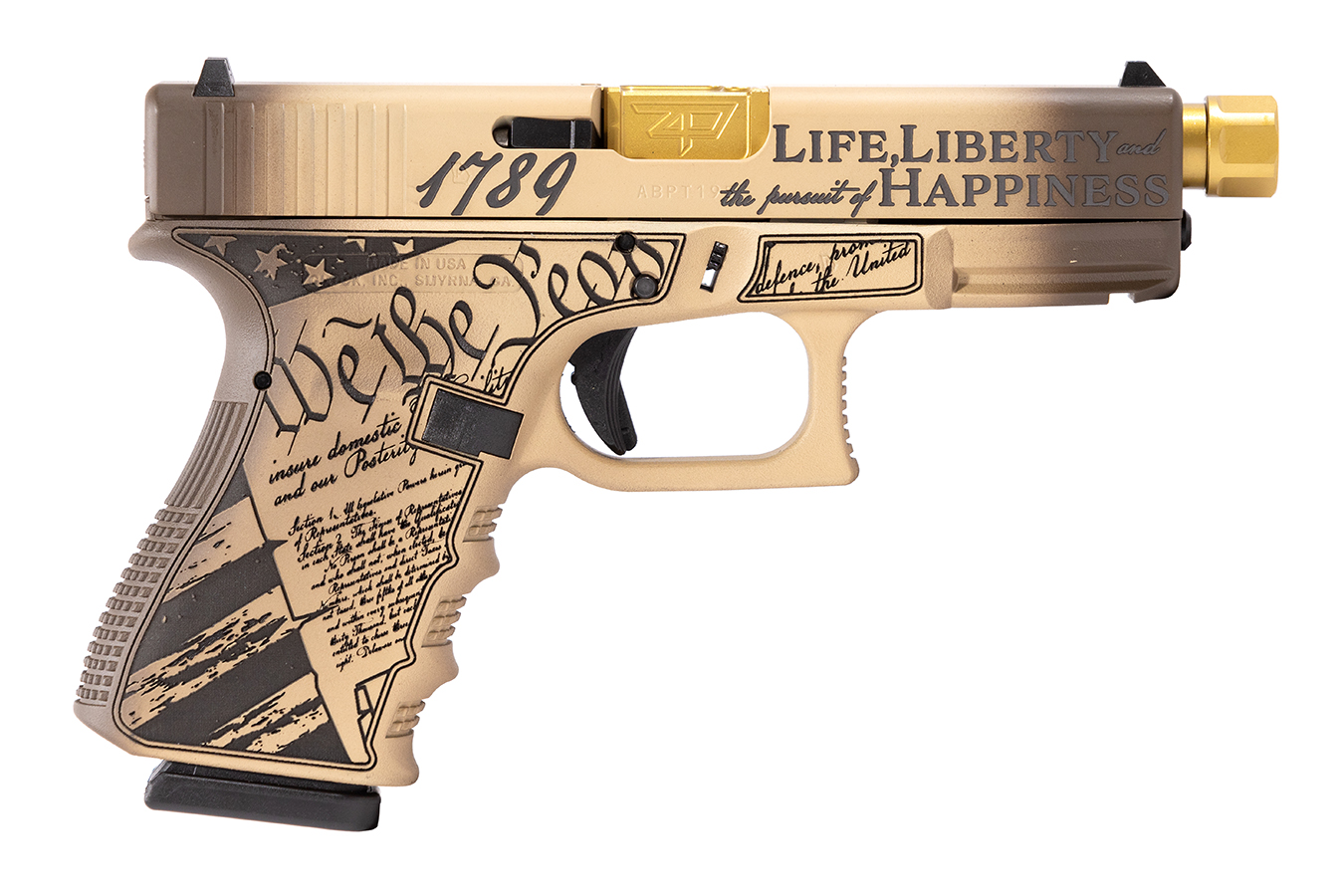 19 Gen3 9mm Custom Pistol with US Constitution Custom Laser Engraving and 4.6 Inch Threaded Barrel (Made in USA)