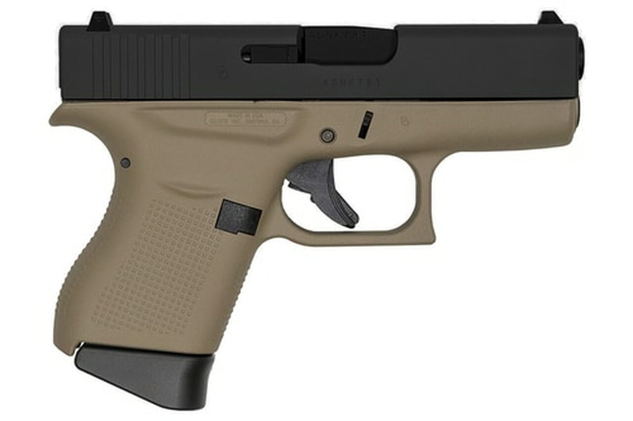 Glock G43, 9mm, 3.41", 6rd, Flat Dark Earth Frame, Black Slide Glock G43, 9mm, 3.41", 6rd, Flat Dark Earth Frame, Black Slide