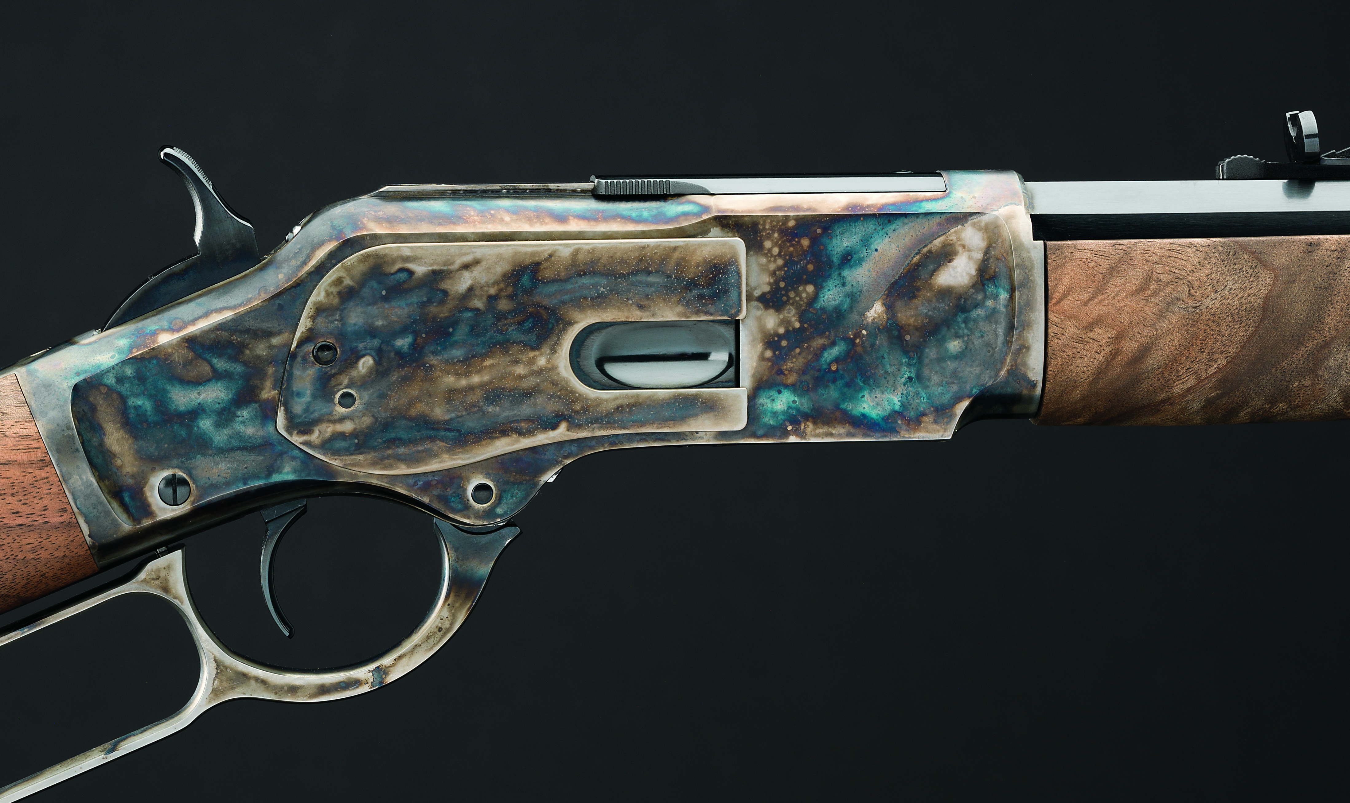 winchester-model-1873-deluxe-sporter-color-case-hardened-walnut-lever-action-rifle-45-long-cult-Model-73-dtl-receiver-finish Model 1873 Sporter Octagon Color Case Hardened | Winchester